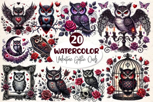 Download Watercolor Valentine Gothic Owls Clipart - Premium Bundle
