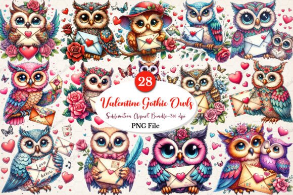 Download Watercolor Valentine Gothic Owls Clipart - Premium Bundle