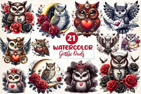Download Watercolor Valentine Gothic Owls Clipart - Premium Bundle