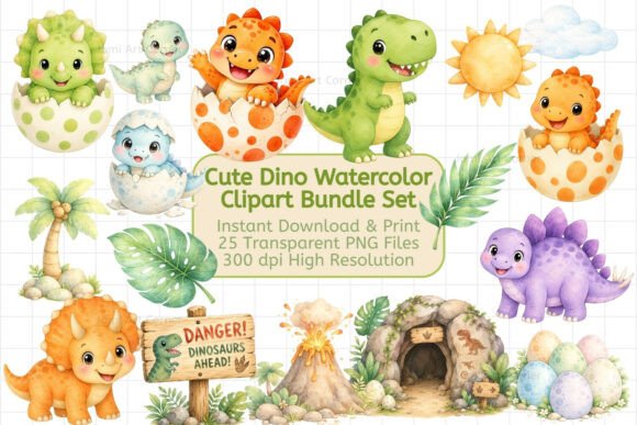 Download Cute Dino Watercolor Clipart Bundle Set - Watercolor clipart bundle Collection